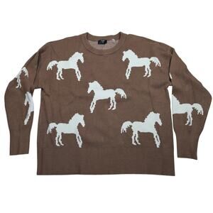 Tahari Women's Horse Print Crew Neck Pullover Sweater XL Brown & White